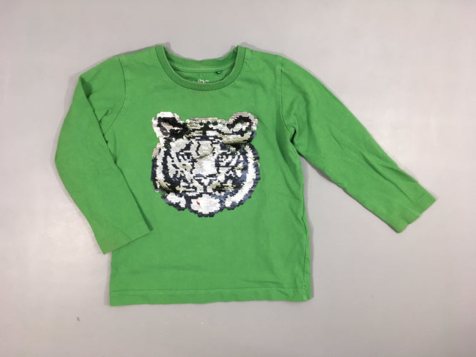 T-shirt m.l vert, tête de tigre en sequins réversibles  100% coton, moins cher chez Petit Kiwi