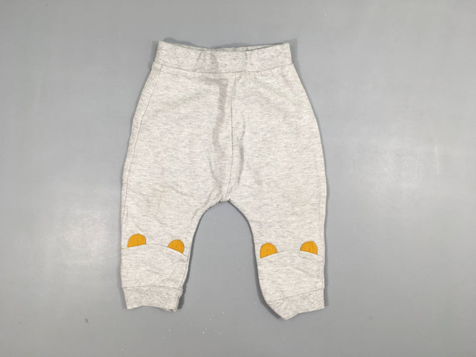 Pantalon gris clair flammé légèrement bouloché, oreilles  jaune moutarde 71% coton 29% polyester, moins cher chez Petit Kiwi