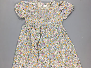 Robe m.c fleurs pastelles, dessus élastique. 95% coton 5% élasthanne