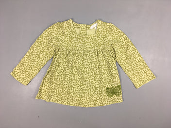 Robe m.l   jaune pâle, fleurs vertes. Broderie papillon. 100% coton