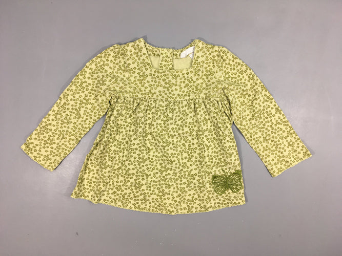 Robe m.l   jaune pâle, fleurs vertes. Broderie papillon. 100% coton, moins cher chez Petit Kiwi