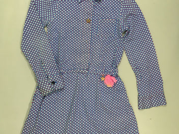 Robe m.l  bleue , motifs roses et blancs, bouton étoile.  95% coton 5% élasthanne