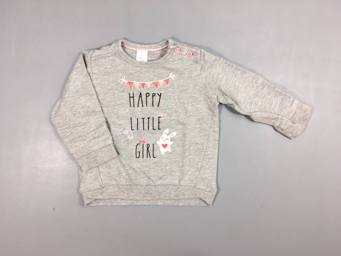 Sweat gris clair flammé lapine " happy little  girl"  95% coton 5% viscose, moins cher chez Petit Kiwi