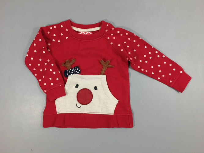 Sweat de noël rouge manches à pois . Tête de renne 100% coton, moins cher chez Petit Kiwi