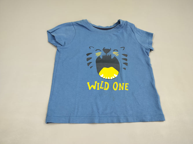 T-shirt m.c bleu, tête de tigre "Wild on", moins cher chez Petit Kiwi