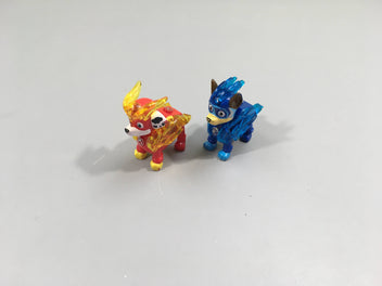 2Figurines Paw Patrol Mighty Pups Charged Up Chase+Marshall-Non testé (3piles LR41non fournies)