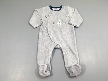 Pyjama velours gris chiné chat, pieds anti-dérapants