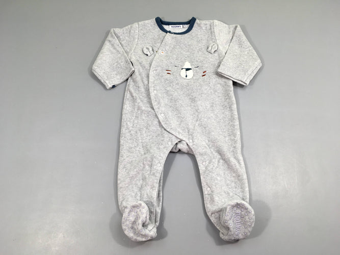 Pyjama velours gris chiné chat, pieds anti-dérapants, moins cher chez Petit Kiwi