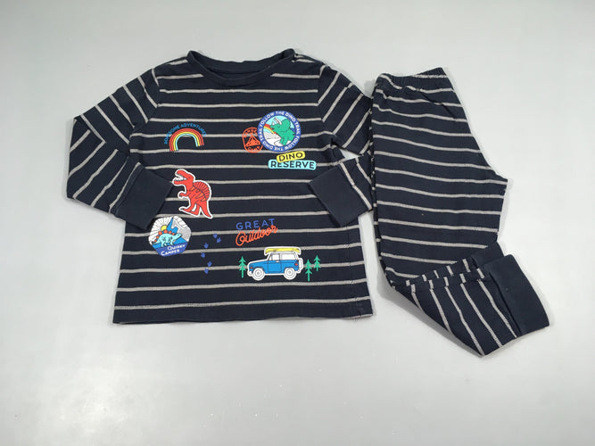 Pyjama 2pcs jersey bleu marine rayé blanc dinos, moins cher chez Petit Kiwi