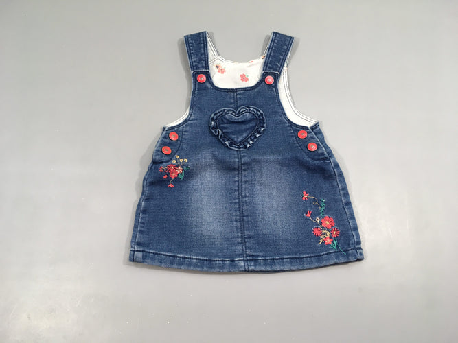 Robe Salopette denim coeur fleurs brodées, moins cher chez Petit Kiwi