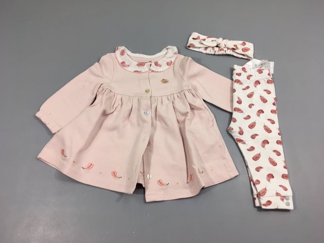 Robe m.l molleton rose col + Legging blanc feuilles + bandeau, moins cher chez Petit Kiwi