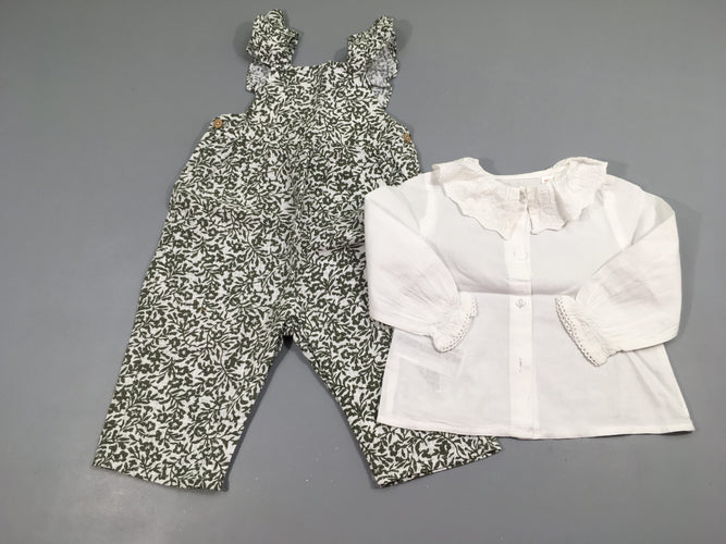 Salopette coton blanc fleuilles + blouse ml blanche col, moins cher chez Petit Kiwi