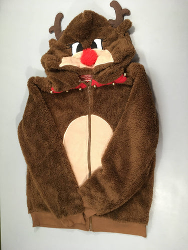 Gilet peluche à capuche brun Renne de Noël à grelots, moins cher chez Petit Kiwi