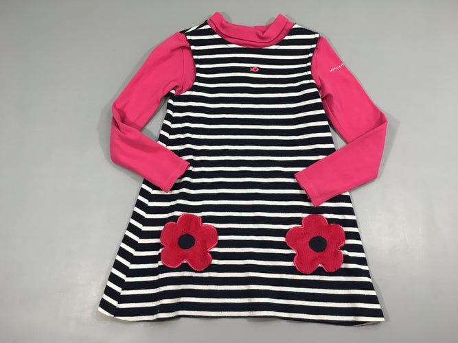 Robe m.l molleton blanc rayé bleu foncé T-shirt m.l col roulé rose intégré Fleurs velours, moins cher chez Petit Kiwi