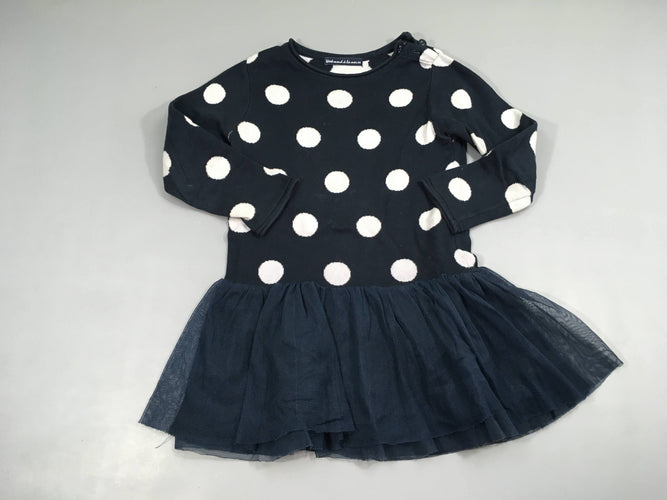 Robe pull bi-matière bleu marine pois blancs tulle bas, moins cher chez Petit Kiwi