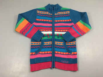 Gilet zippé bleu rayé multicolore, légèrement bouloché