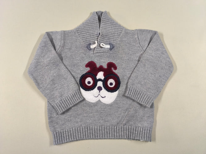 Pull col croisé gris chien à lunettes, 9% laine, moins cher chez Petit Kiwi