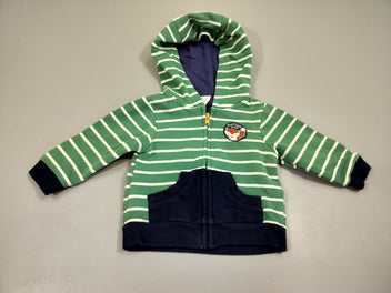 Sweat  zippé à capuche vert rayé blanc,poche bleu marine, renard, intérieur chaud 95% coton 5% élasthanne