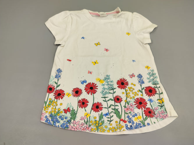 T-shirt m.c blanc motifs fleurs, papillons, colorés. Légère tache, moins cher chez Petit Kiwi