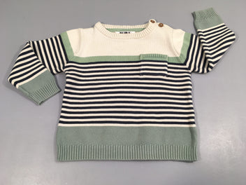 Pull beige rayé vert-bleu poche