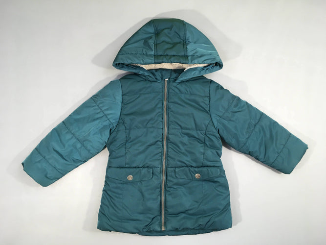 Manteau ouatiné vert à capuche doublé teddy, moins cher chez Petit Kiwi