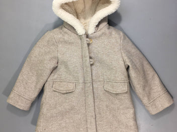 Veste style tweed beige chiné doublé velours à capuche, boulochée