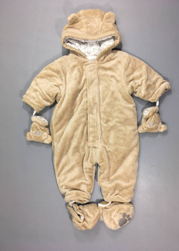 Combi peluche beige ouatinée, moufles et chaussons amovibles, moins cher chez Petit Kiwi