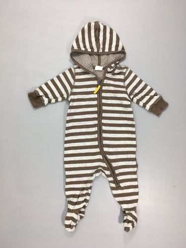 Combi molleton rayée gris chiné/brun zippée à capuche, légèrement boulochée, moins cher chez Petit Kiwi