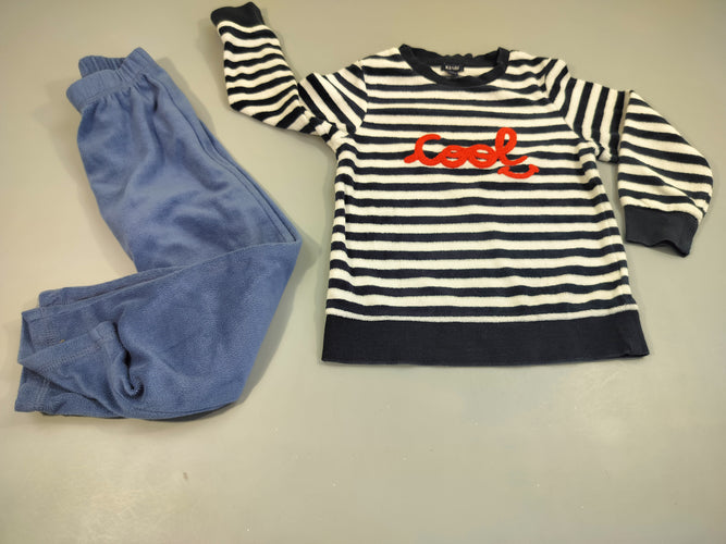 Pyjama 2pcs velours blanc rayé bleu marine "cool" + Pantalon bleu, moins cher chez Petit Kiwi