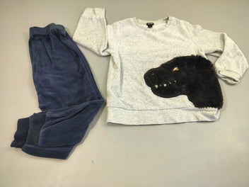 Pyjama 2pcs jersey gris flammé  tête de dinosaure +Pantalon bleu marine