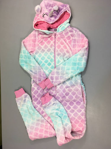 Combinaison velours zippée écailles tie&dye rose/bleu à capuche licorne, moins cher chez Petit Kiwi