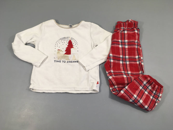 Pyjama 2pcs velours dessus blanc renne et sapin de noêl dessous rouge et blanc à carreaux 75% coton 25% polyester, moins cher chez Petit Kiwi