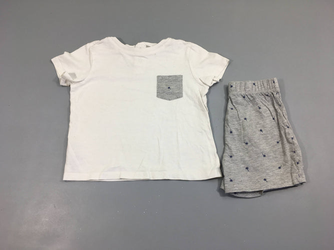 Pyjashort 2 pcs jersey  blanc et gris flammé , palmiers bleu marine 100%  coton, moins cher chez Petit Kiwi