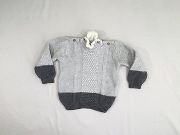 Pull gris chiné torsades 10% laine - col doublé velours, petite tache à l'avant