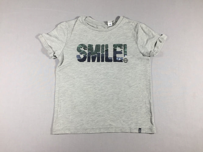 T-shirt m.c gris flammé SMILE en sequins réversibles (très légèrement bouloché), moins cher chez Petit Kiwi