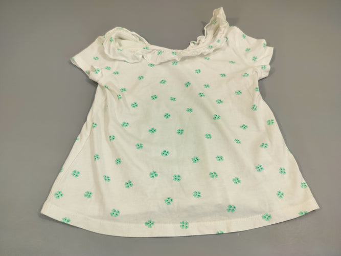 T-shirt m.c blanc, motifs trèfles à 4 feuilles, col froufrou, moins cher chez Petit Kiwi