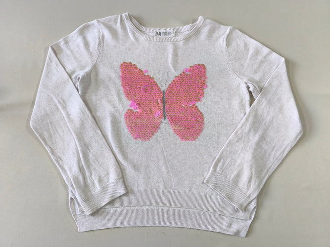 Pull blanc cassé papillon rose en sequins réversibles, moins cher chez Petit Kiwi