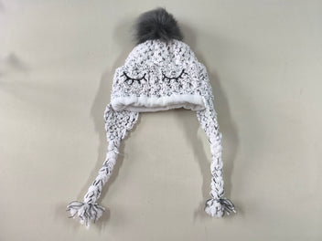 Bonnet blanc/gris pompon yeux tresses, 50cm