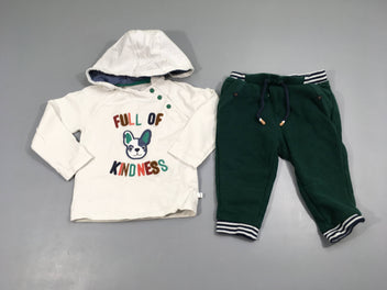 Sweat blanc à capuche chien + pantalon molleton vert 100% coton