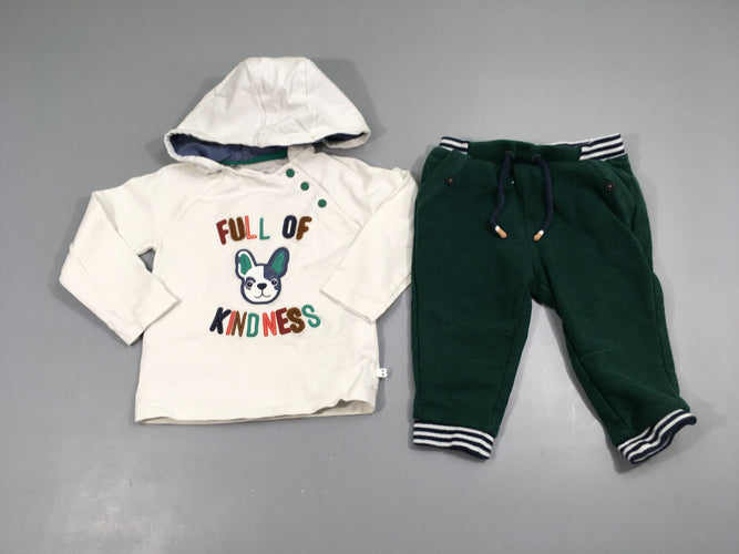 Sweat blanc à capuche chien + pantalon molleton vert 100% coton, moins cher chez Petit Kiwi