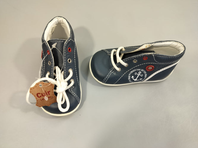 NEUVES Chaussures  en cuire bleue , motif ancre blanche, 20, moins cher chez Petit Kiwi