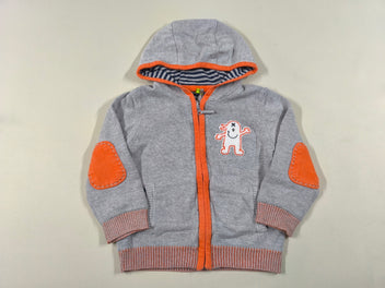 Gilet zippé à capuche gris écusson doublé jersey (bouloché)