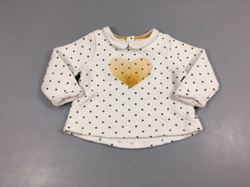 Sweat blanc à pois noirs texturé coeur jaune. Avec un petit col 80% coton 20% polyester