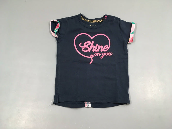 T-shirt m.c bleu marine coeur rose "Shine on you" 95% coton 5% élasthanne, moins cher chez Petit Kiwi