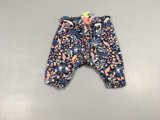 Legging court taille et chevilles élastiques bleu marine motifs palmiers oiseaux, ...noeud rose 100% coton, moins cher chez Petit Kiwi