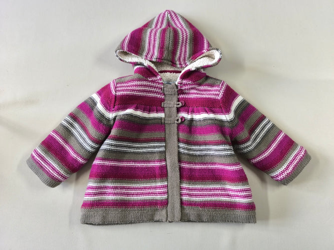 Gilet/veste à capuche rayé mauve/blanc/gris doublé peluche, moins cher chez Petit Kiwi