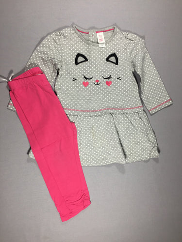 Ensemble robe gris à pois blancs -chat et legging rose (une tache sur la jupe), moins cher chez Petit Kiwi