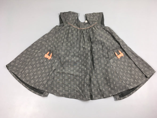 Robe m.c  gris chiné, têtes de lapins et carottes  blanches , noeuds roses. Doublée, moins cher chez Petit Kiwi