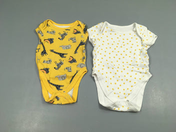 Lot de 2 bodies m.c  jaune motifs animaux/ blanc à pois jaune 100% coton