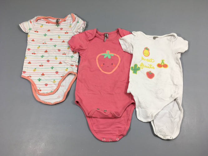 Lot de 3 bodies m.c rose fraise/blanc rayé motifs fruits/ blanc  fruits "Sweet fruits", moins cher chez Petit Kiwi